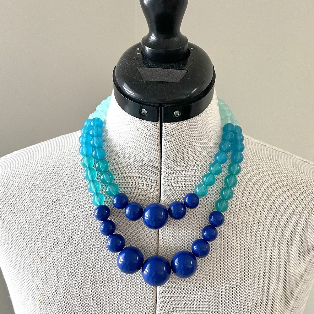 VTG Loft Double-Strand Acrylic Bead Necklace Royal Blue Turquoise Aqua 18”/20”